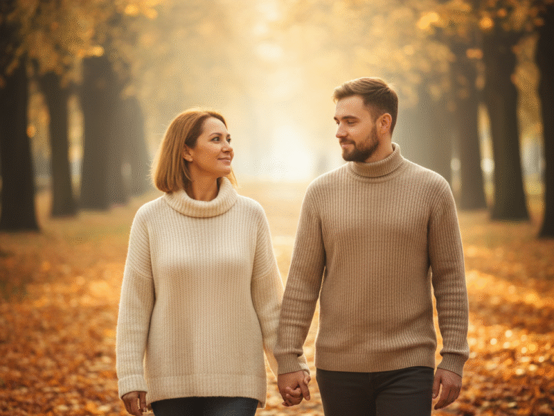 Mother and adult son walking in autumn park sharing quiet conversation.