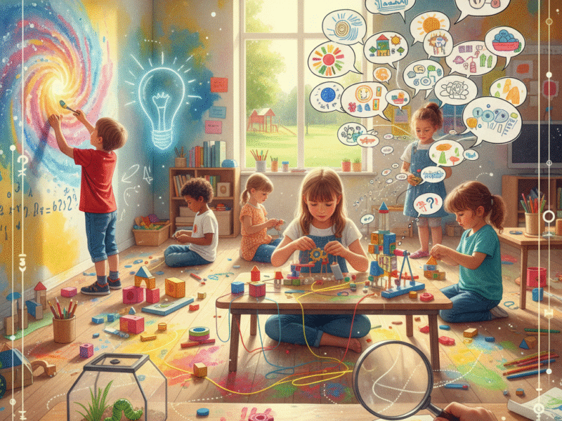 Diverse children in a vibrant classroom, painting, building, and exploring with a magnifying glass, showing creative and active learning