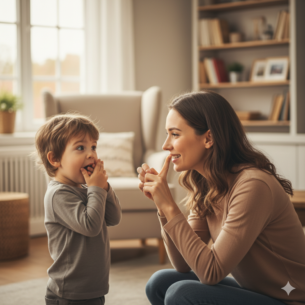 Mother Teaching Child About Words – Parenting Reflection Mother and child sharing a lesson about words, emotional parenting moment, natural light, warm tone