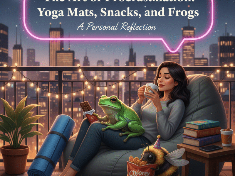 Humorous close-up photo of a small, realistic pet frog sitting comfortably in the center of a neatly rolled, unused blue yoga mat, preventing its use.