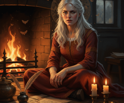 A mature woman with silver hair sitting by a fireplace, her face calm in the firelight, symbolizing strength and acceptance.