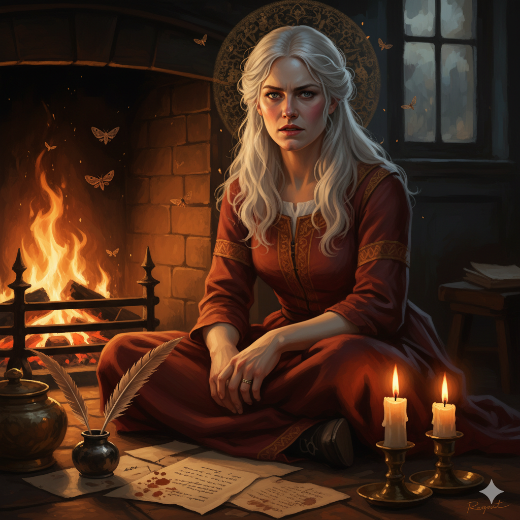 A mature woman with silver hair sitting by a fireplace, her face calm in the firelight, symbolizing strength and acceptance.