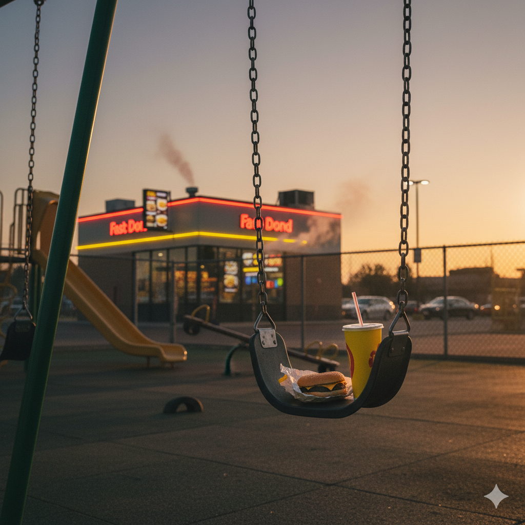 The Silent Pandemic: The Food That’s Killing Childhood A split image showing colorful fast food and packaged snacks on one side, and a tired, unhealthy child on the other — symbolizing the silent pandemic caused by processed food.