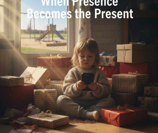 When Presence Becomes the Present – Cinematic Parenting Visual Child surrounded by gifts and gadgets, holding a phone, symbolizing the emptiness of material love — When Presence Becomes the Present.