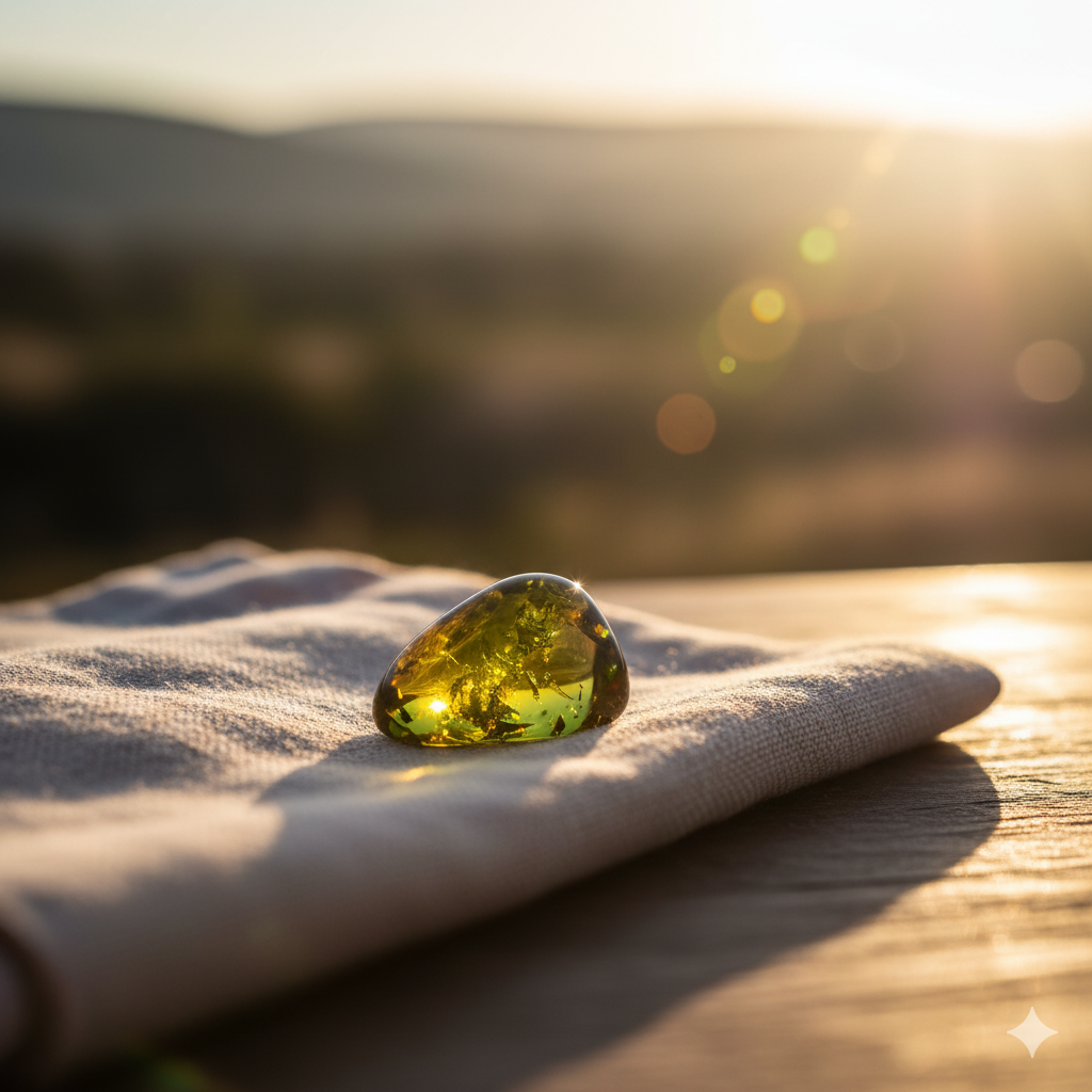 A close-up of a green amber gemstone glowing in warm sunlight, symbolizing healing, emotional balance, and spiritual transformation.