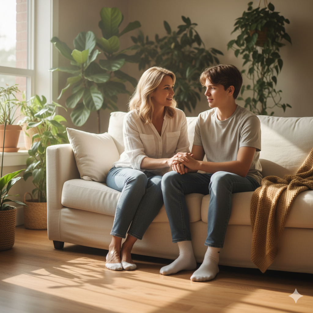 Mother and son sharing a heartfelt conversation at home in warm natural light.