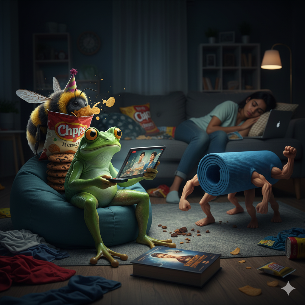 The Art of Procrastination - Yoga Mats and Snack Life Banner Realistic, humorous photo of a woman relaxing on a couch, surrounded by a pristine yoga mat, a pile of snacks, a half-read book, and a small pet frog in an aquarium.