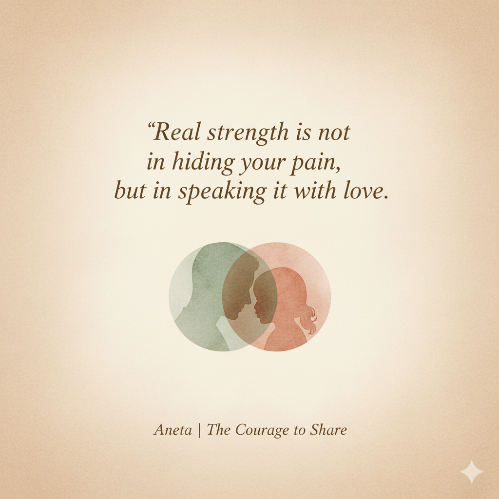 Poster with the quote “Real strength is not in hiding your pain, but in speaking it with love,” symbolizing emotional courage and empathy.
