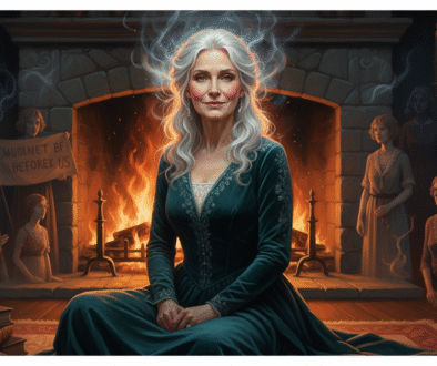 Close-up of a woman’s silver hair catching the glow of firelight, symbolizing wisdom, courage, and acceptance.