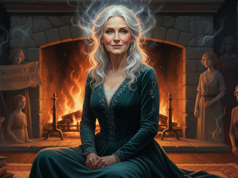 Close-up of a woman’s silver hair catching the glow of firelight, symbolizing wisdom, courage, and acceptance.