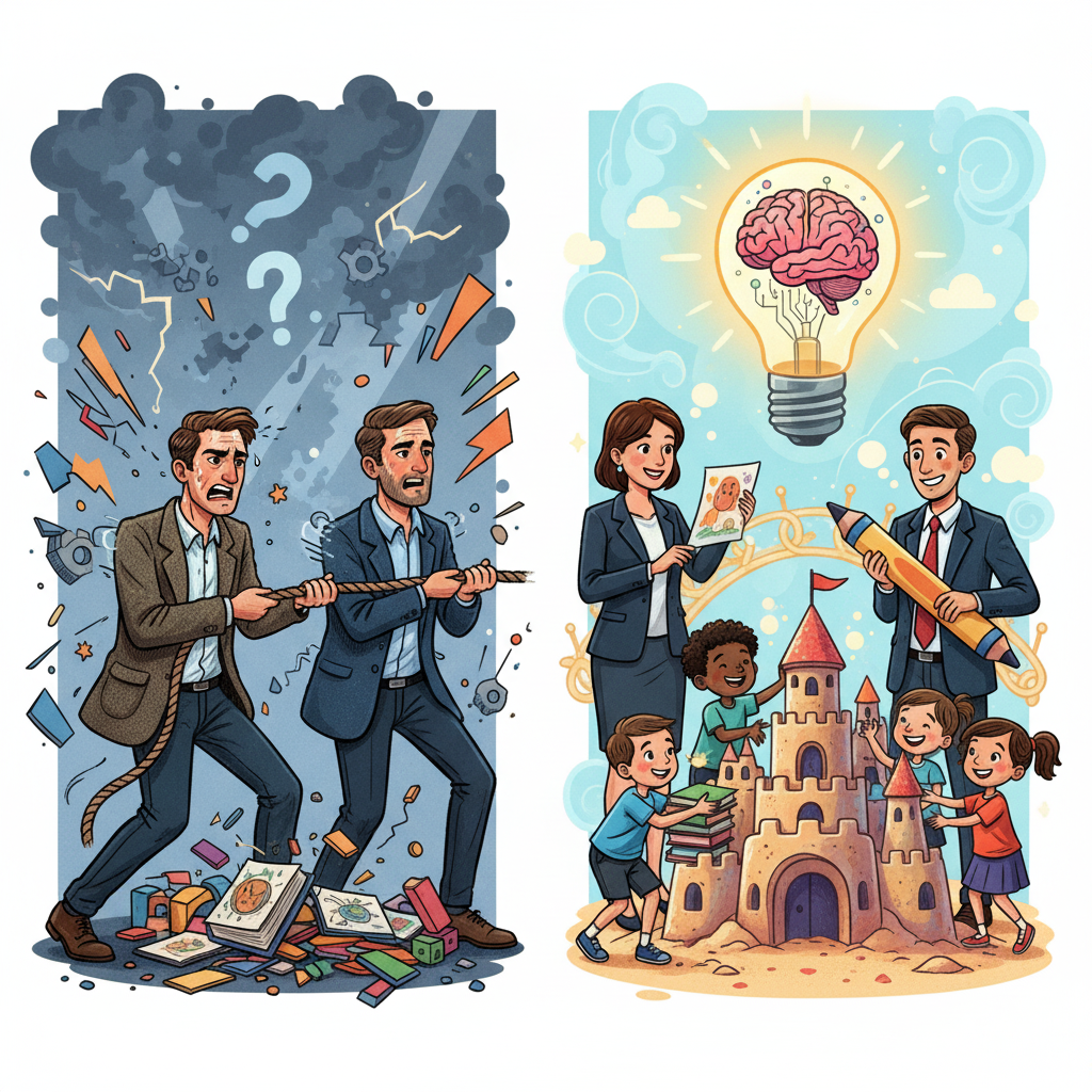 Illustration of educators in a tug-of-war with scattered books under stormy skies on one side, and collaboratively building a sandcastle with joyful children under a bright idea lightbulb on the other.