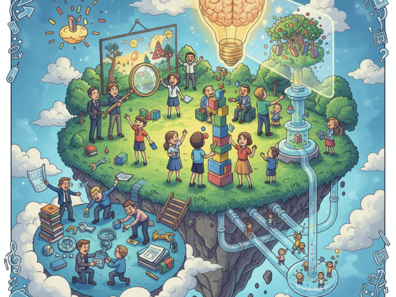 Hand-drawn signpost with two opposing directions labeled 'Policy' and 'Classroom.' A central, interconnected gear mechanism shows how the two paths can align for student success.