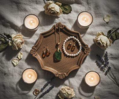 Amber and pearl jewelry resting near a candle, symbolizing calm, reflection, and the cycle of healing and emotional renewal.