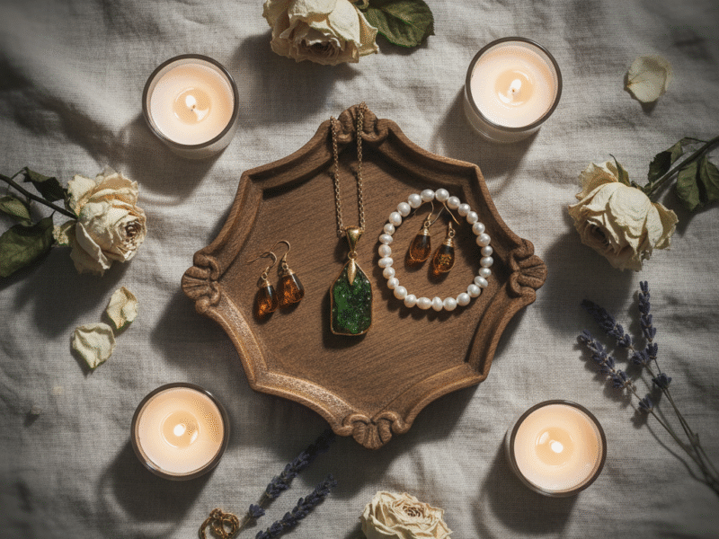 Amber and pearl jewelry resting near a candle, symbolizing calm, reflection, and the cycle of healing and emotional renewal.