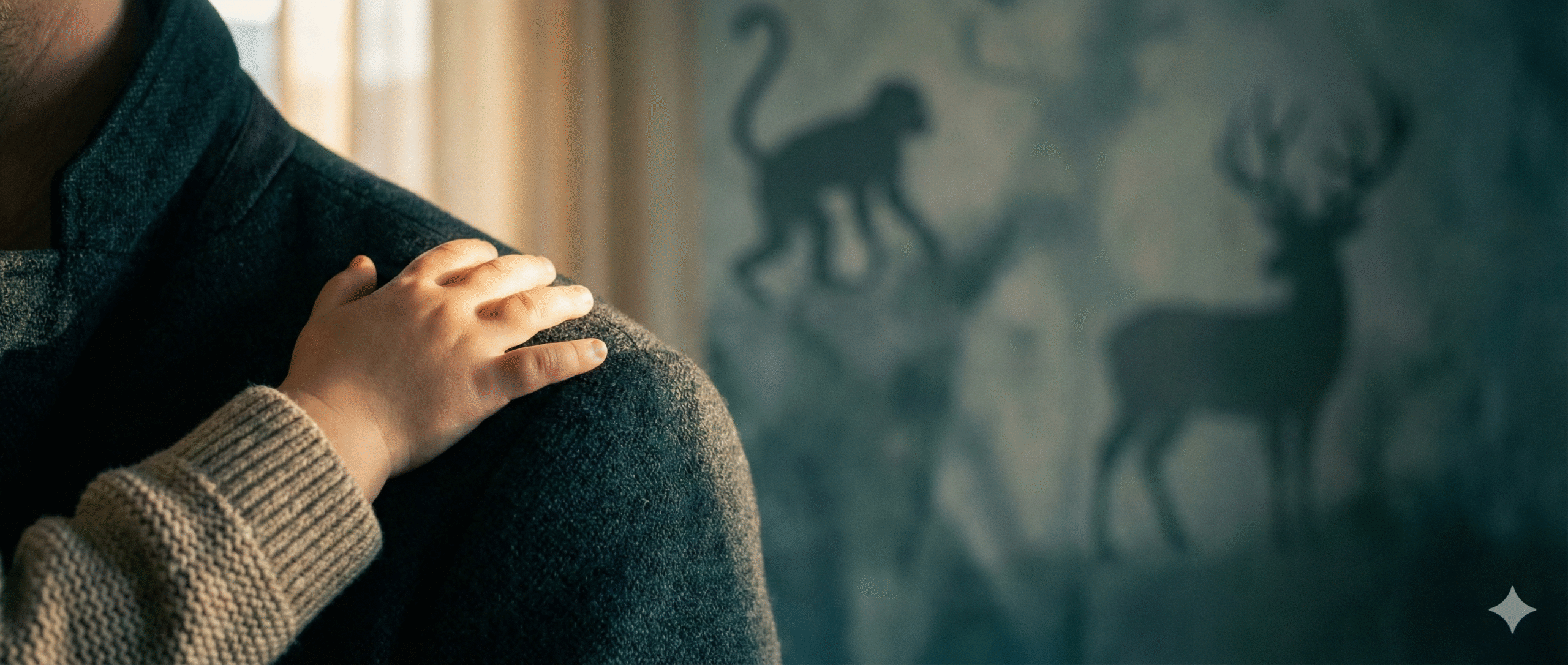 A child’s hand resting gently on an adult’s shoulder, with soft light and faint silhouettes of a deer and a monkey behind them.