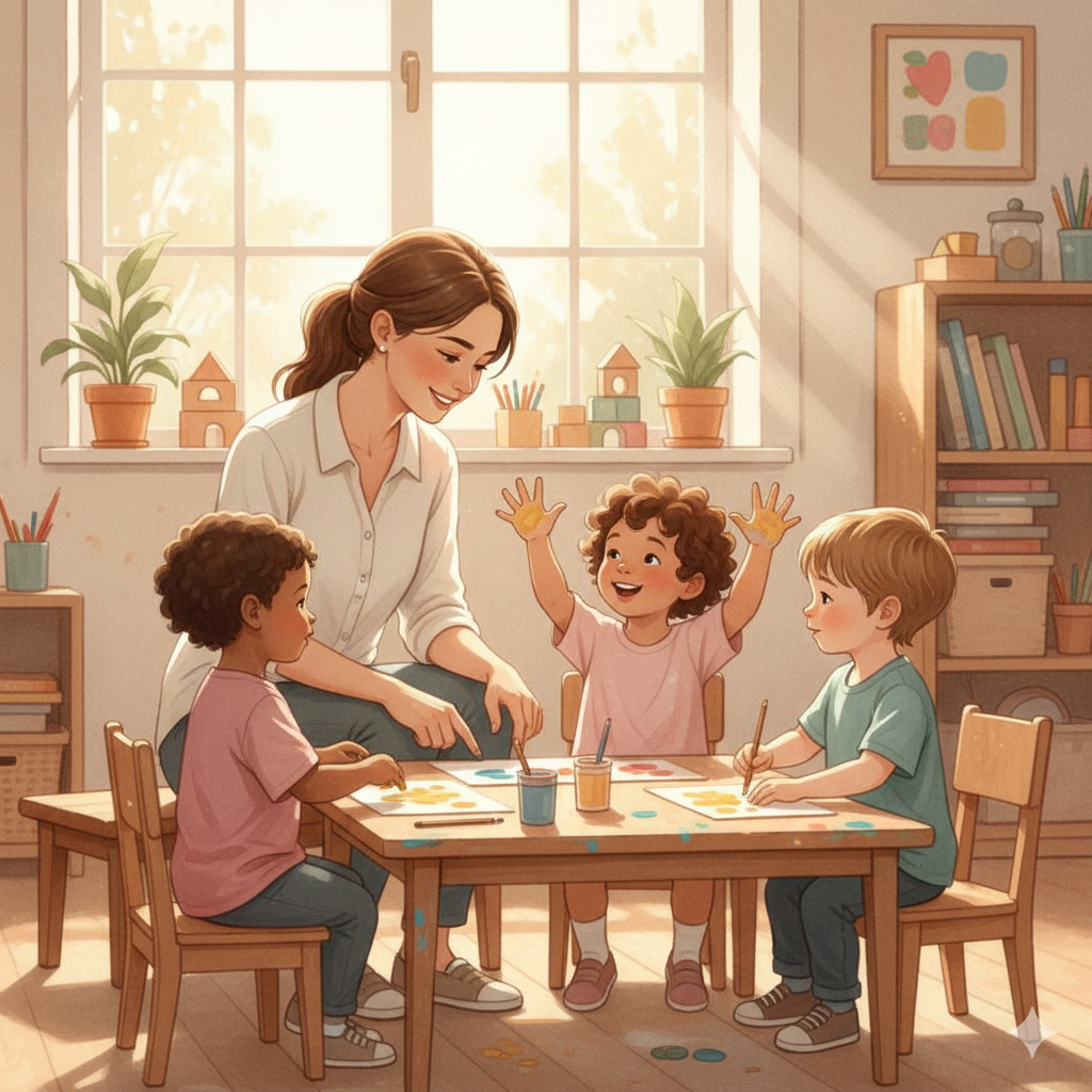 A preschool teacher sits on the floor with children painting together, sunlight streaming through the window; calm, warm, and full of gentle laughter.