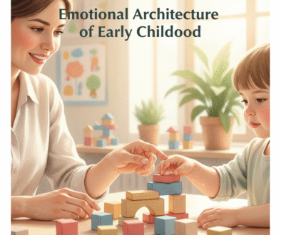 A preschool teacher nurturing early childhood emotional development through art and play, surrounded by sunlight and warmth.