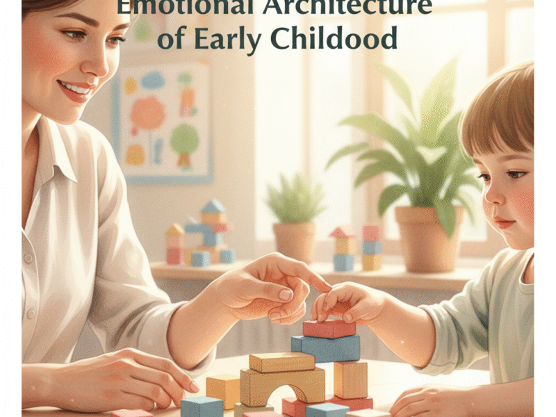 A preschool teacher nurturing early childhood emotional development through art and play, surrounded by sunlight and warmth.
