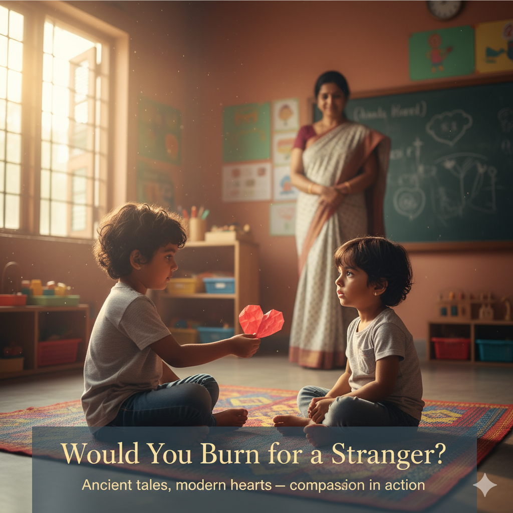 “Two four-year-old children in a classroom in Chandigarh, one offering a hand-coloured paper heart to the other, teacher watching softly in the background – a moment of pure compassion beyond language.”