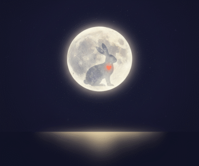 “A glowing moon with the faint shape of a hare inside it — symbol of selfless compassion from the Jataka Tales.”