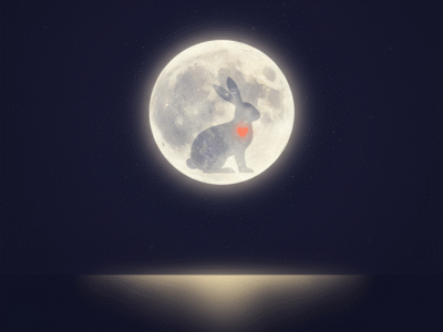 “A glowing moon with the faint shape of a hare inside it — symbol of selfless compassion from the Jataka Tales.”