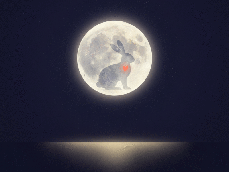 “A glowing moon with the faint shape of a hare inside it — symbol of selfless compassion from the Jataka Tales.”