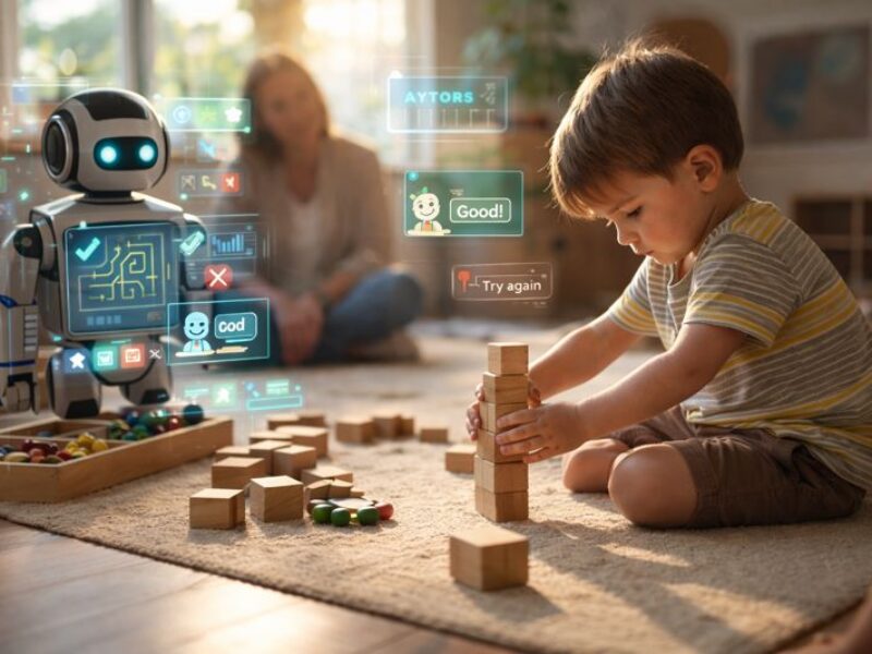 A child focused on building with wooden blocks while subtle digital elements fade into the background, showing technology as support rather than control.