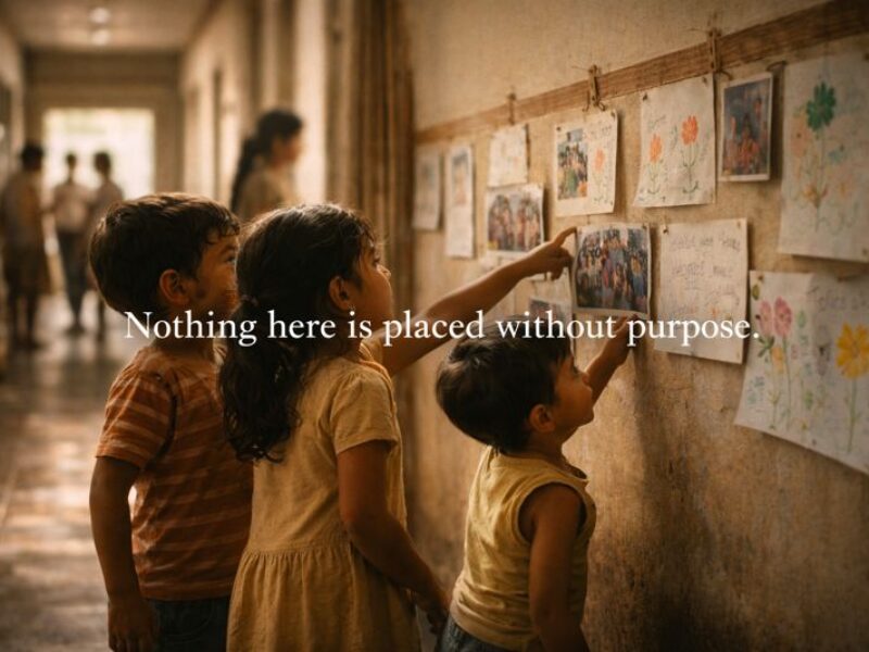 Children stopping in a school corridor to look at their learning displays and explain their work