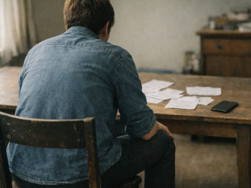 Osoba siedząca cicho w zamyśleniu z notatkami w pobliżu i urządzeniem umieszczonym z boku.