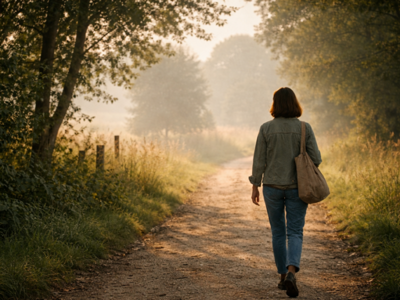 A woman walking alone along a quiet dirt path in soft morning light, surrounded by trees and muted greenery, suggesting calm forward movement and personal transition.