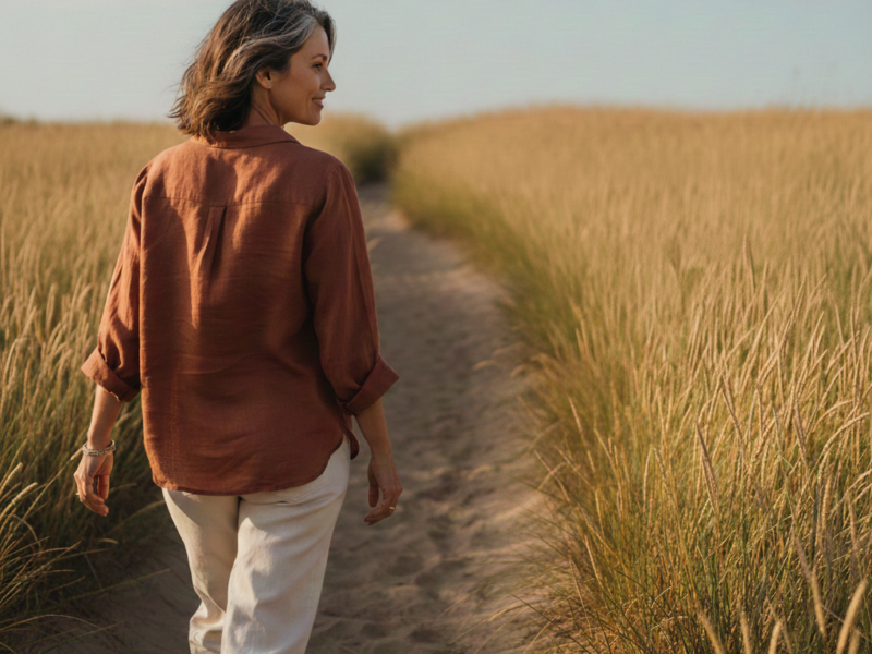 Woman in her forties walking through a yellow field at sunrise, wearing a simple linen dress, moving toward an open horizon in soft morning light.