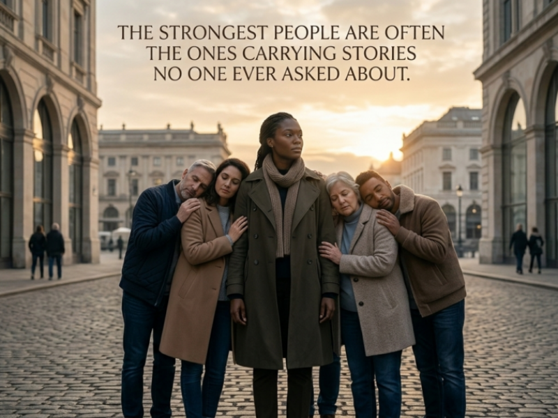 Person standing calmly while others lean on them symbolizing the emotional responsibility carried by the strong one