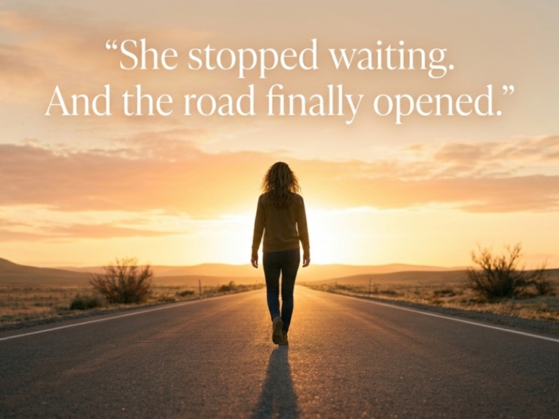 Woman walking toward sunrise on an open road symbolizing freedom and moving forward