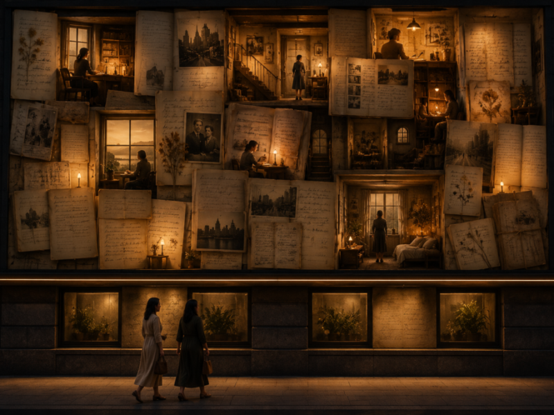 Two women walk past a wall of hidden stories, memories, and unseen chapters of life.