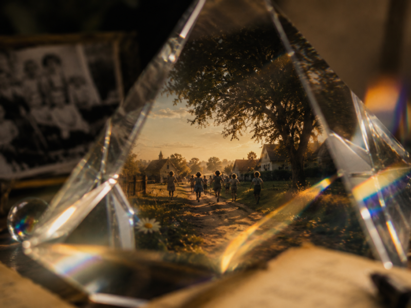 Dreamlike view of children running through a peaceful countryside seen through a glass prism, symbolising childhood memories, freedom and the passage of time.